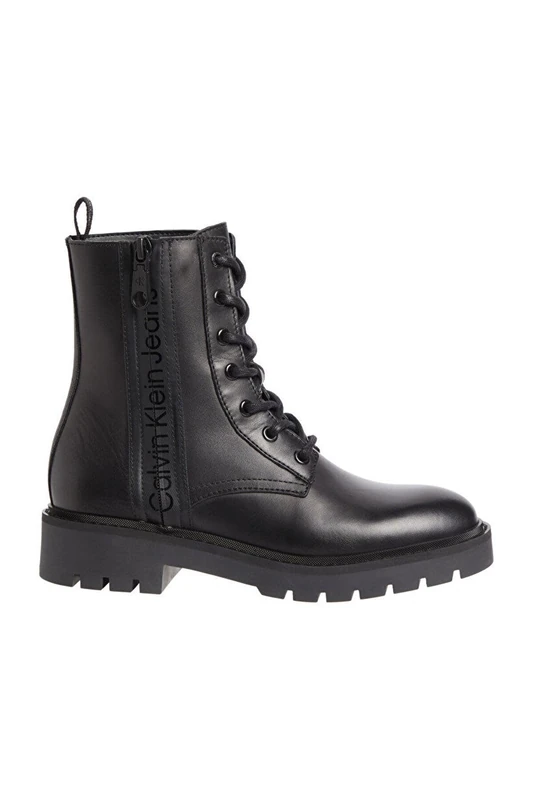 Calvin Klein Jeans Women's Mid-Calf Lace Up Leather Combat Boots, Black (Triple Black), 7