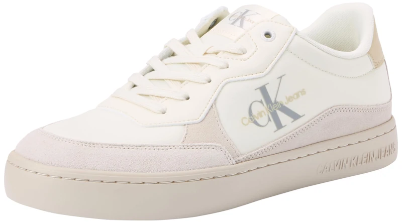 Calvin Klein Jeans Men's Classic Cupsole Low Top Mix Leather Trainers, White (Creamy White/Eggshell), 6
