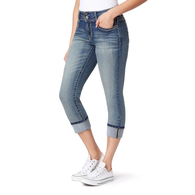 WallFlower Women's Luscious Curvy 23.5'' Crop Mid-Rise Insta Stretch Juniors (Standard and Plus) Jeans, Basil, 17