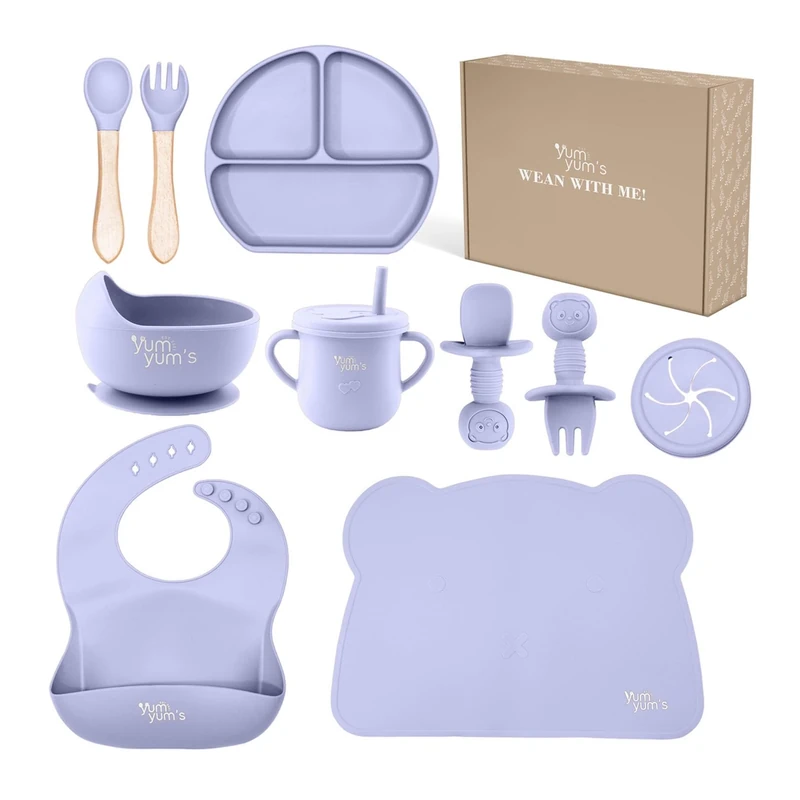Yum Yum's Baby 10 Pcs Lavender Weaning Set - Complete Toddler Feeding Kit w/Sectioned Plate, Suction Bowls, Cutlery with Mouth Guard, Straw Cup, Bib & Mat - Non-Slip - for Toddlers & Baby Gift
