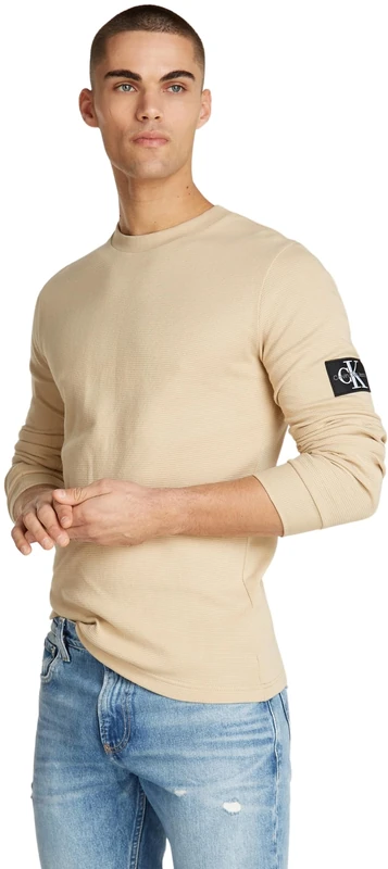 Calvin Klein Jeans Men's Badge Waffle Basic Long Sleeve Top, Beige (Pale Khaki), XXS