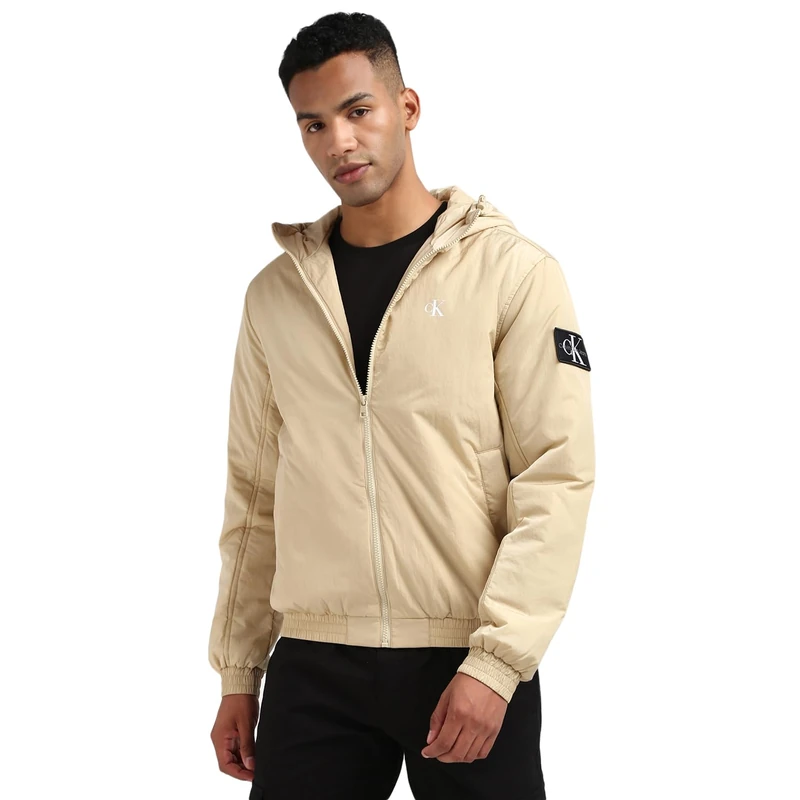 Calvin Klein Jeans Men's Padded Hooded Transitional Jacket, Beige (Pale Khaki), XXS