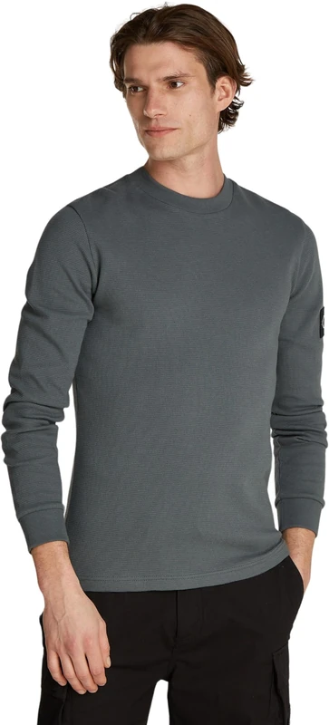 Calvin Klein Jeans Men's Badge Waffle Basic Long Sleeve Top, Grey (Endless Grey), XXS