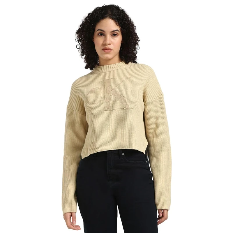 Calvin Klein Jeans Women's Logo Regular Knitted Jumper, Beige (Pale Khaki), XL