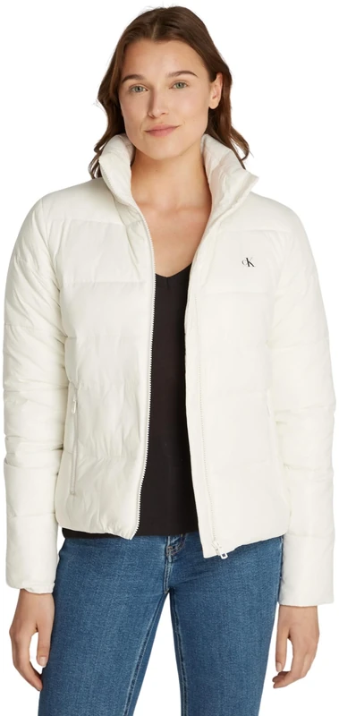 Calvin Klein Jeans Women's Low Padded Fitted Puffer Jacket with Stand Collar, White (Ivory), M