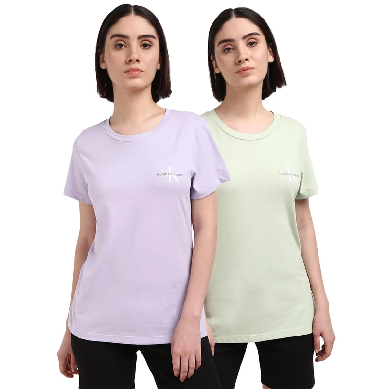 Calvin Klein Jeans Women's 2 Pack Monologo Slim Short Sleeve Round Neck T-Shirts, Multicolor (Celadon Green/Pastel Lilac), XXS