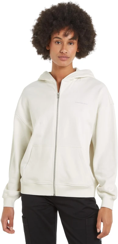Calvin Klein Jeans Women's DIFFUSED CK ZIP-THROUGH Pullover Hoodie, Ivory, XL