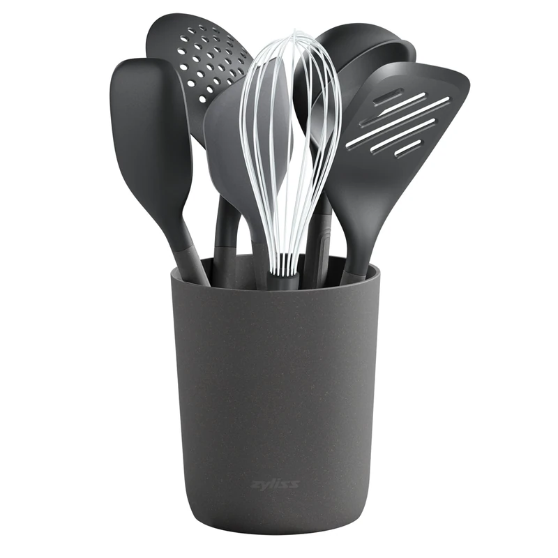 Zyliss 7 Piece Kitchen Utensil Set, Sustainable Wheat Straw, Includes Ladle, Turner, Spatula, Spoon, Whisk, Skimmer and Holder, Non-Stick, Beluga Grey