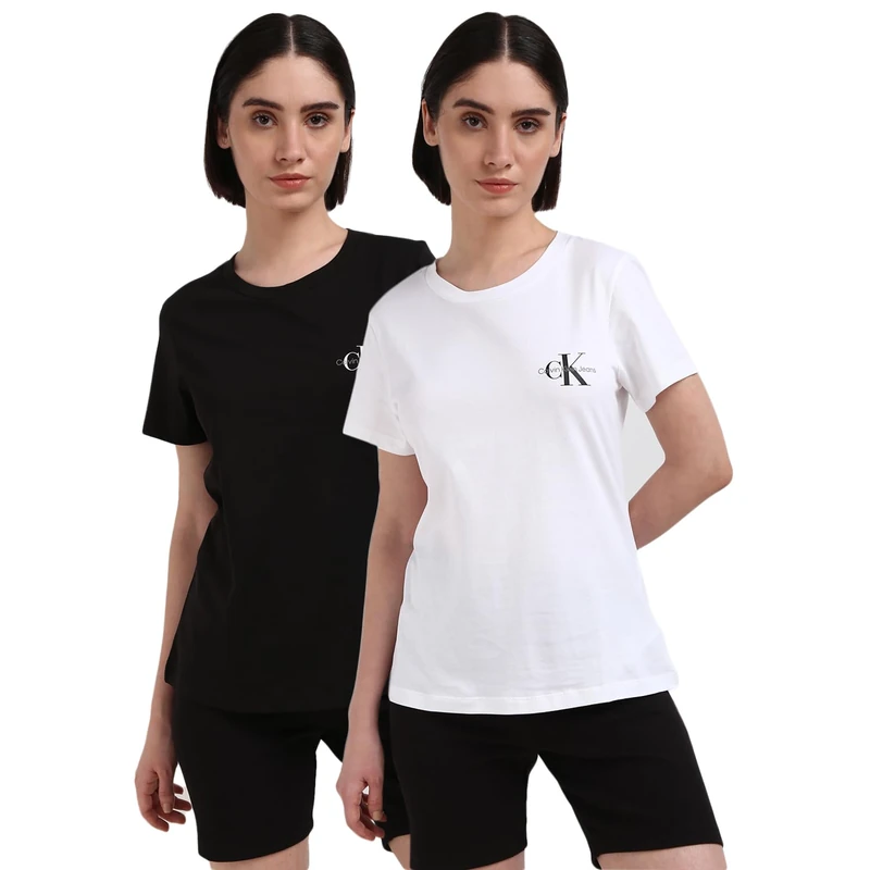 Calvin Klein Jeans Women's 2 Pack Monologo Slim Short Sleeve Round Neck T-Shirts, Multicolor (Ck Black/Bright White), XXS