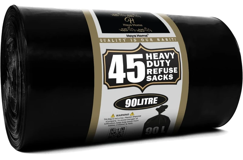 Haya Home 90L liter 45 Black Plastic Bin Bags Heavy Duty Bin Liners, Refuse Sacks Pack of 45 X 1 Heavy Duty Waste Dustbin Bags roll for Kitchen Home Office DIY Garden Made from 100% Recycled Material