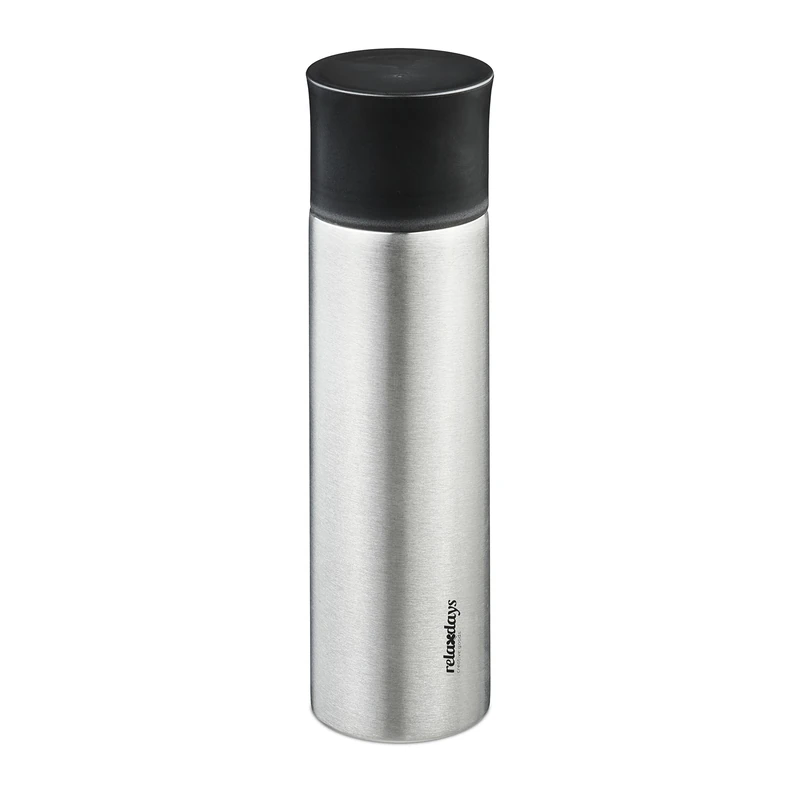 Relaxdays Stainless Steel Drinks Bottle, 750 ml, Leakproof, Cold & Hot Beverages, Vacuum Insulated, with Cup, Silver, 80% 20% Plastic