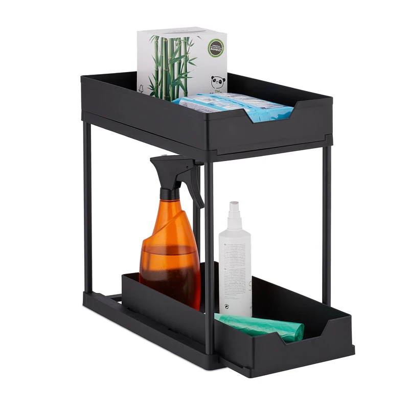 Relaxdays Sink Shelf, Tiered, Extendable, Utensils Organiser, Kitchen & Bathroom Storage, 37 x 22 x 40 cm, Black