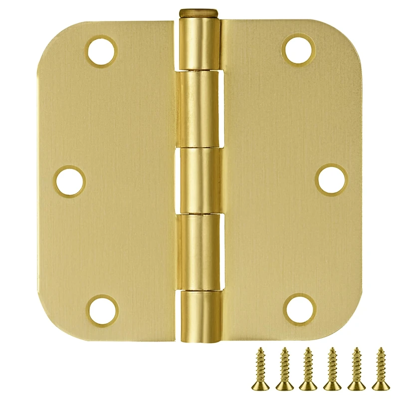 Door Hinges for Interior Doors 12-Pack 3.5-inch x 3.5-inch – Rounded 5/8-inch Radius Steel Door Hinge – Satin Brass – Fits Standard Doors – Design House 189795