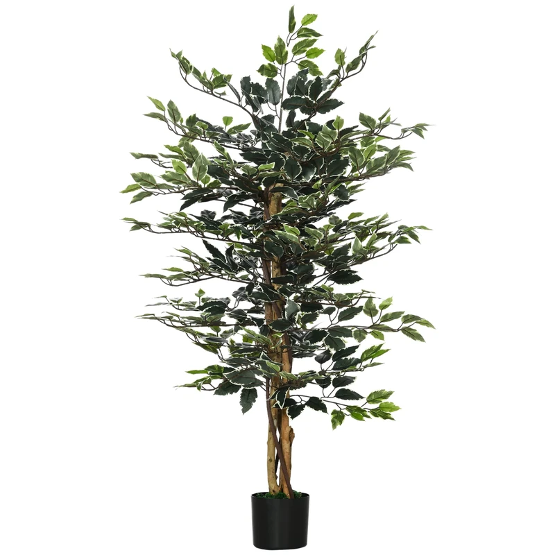 HOMCOM Artificial Ficus Tree in Pot, 130cm Tall Fake Plant with Lifelike Leaves and Natural Trunks, for Indoor, Green - Image 1