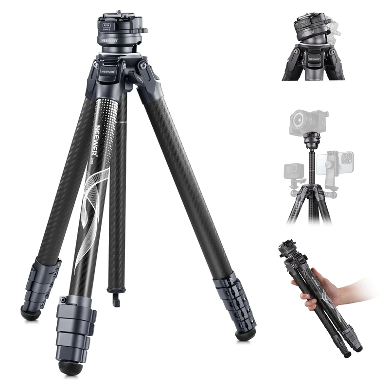 NEEWER LITETRIP LT32 62" Travel Tripod Carbon Fiber with ±15° Leveling 360° Panorama Head, Detachable Center Axis, Fast Flip Buckle, Arca QR Plate Compatible with Peak Design Capture V3, (Former TP62)