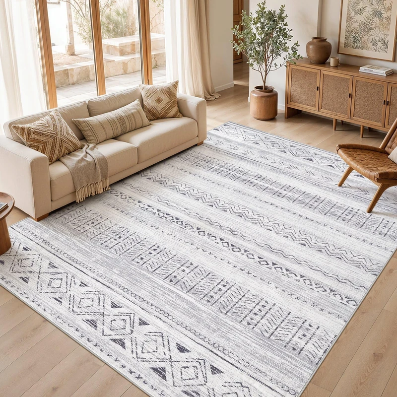 Large Living Room Area Rug 9x12: Soft Machine Washable Boho Moroccan Farmhouse Rugs for Bedroom Under Dining Table - Non-Slip Neutral Morden Indoor Floor Rug Carpet for Home Office Decor - Grey