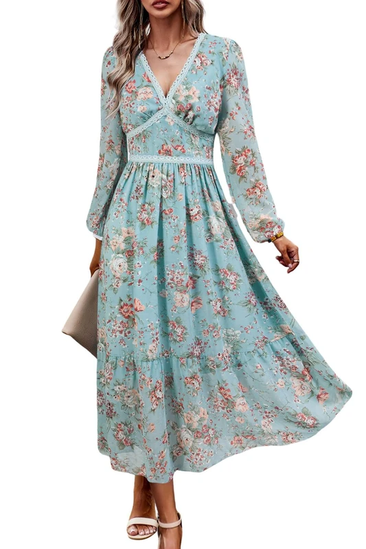 ChooTeeYeen Women's Spring Wrap Maxi Dress Floral V Neck Long Sleeve Wedding Guest Party Casual Chiffon Dress, Lake Blue Flowers, L