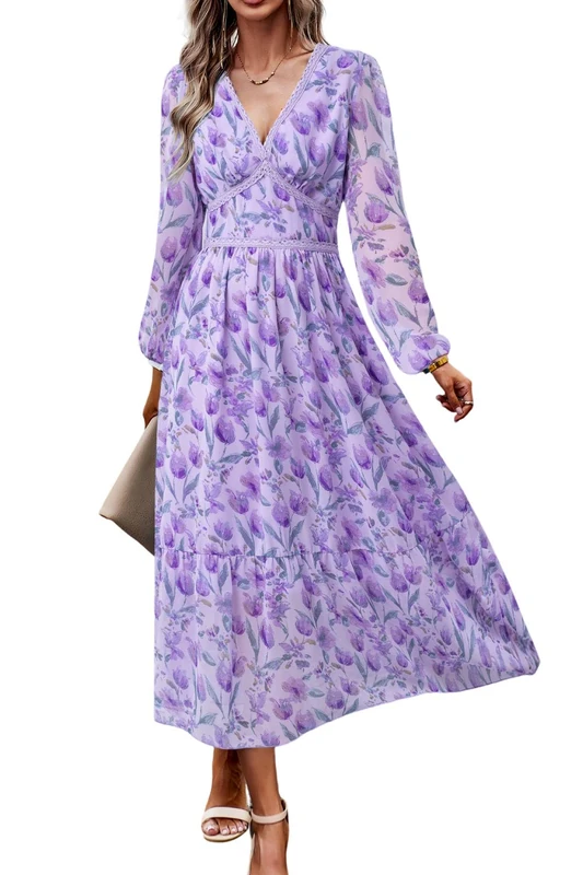 ChooTeeYeen Women's V Neck Long Sleeve Wrap Maxi Dress A Line Empire Waist Fall Wedding Guest Party Casual Chiffon Dress, Purple Flowers, XL
