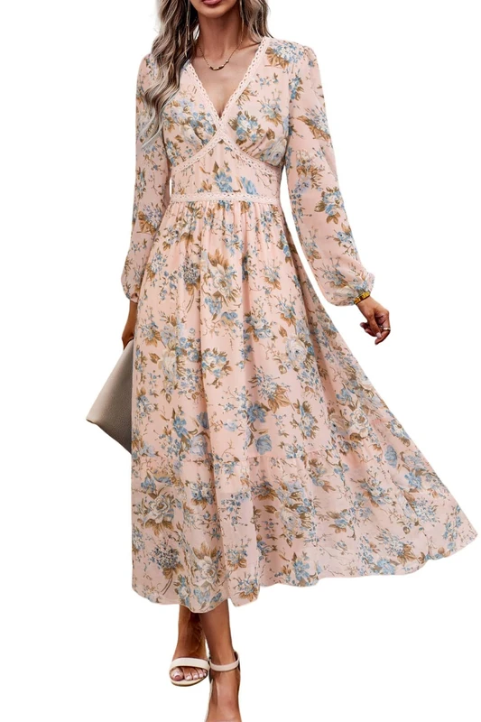 ChooTeeYeen Women's Spring Wrap Maxi Dress Floral V Neck Long Sleeve Wedding Guest Party Casual Chiffon Dress, Pink Flowers, L