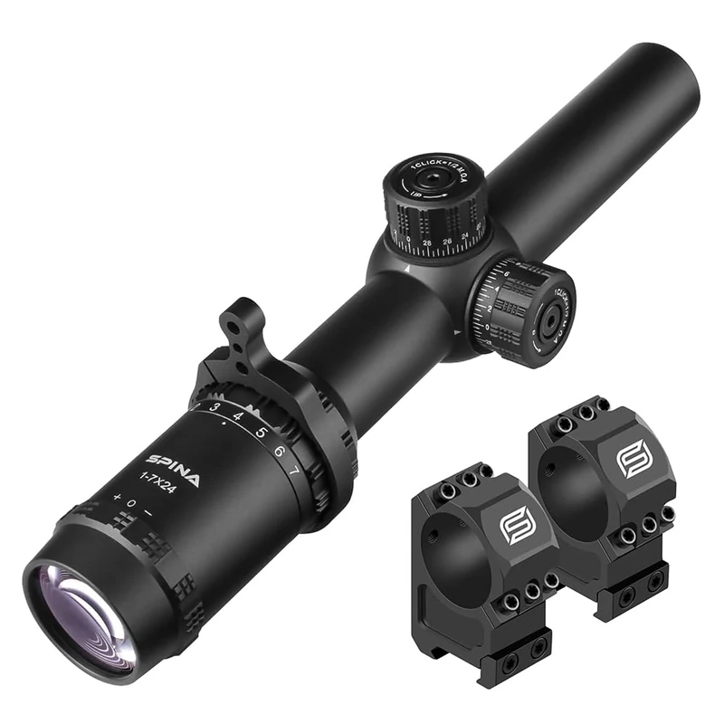 SPINA OPTICS Riflescopes 1-7x24 SFP Second Focal Plane 1/2 MOA Huning Scope with Integrated Magnification Throw Lever (with 20mm Picatinny mounts)