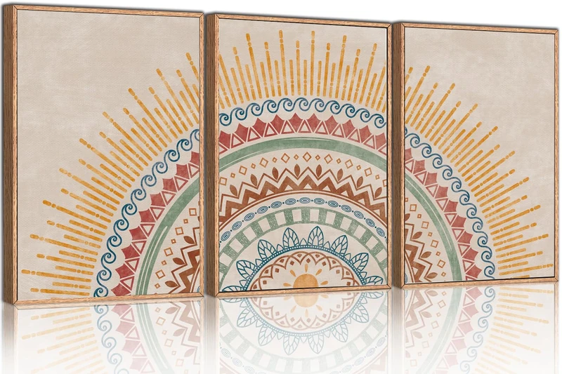 HPINUB Boho Sun Framed Canvas Wall Art Set, Mid-Century Modern Wall Decor, Minimalism Bohemian Wall Painting, Abstract Geometric Pattern Art Print for Living Room, Bedroom, Office - 16"x24"x3
