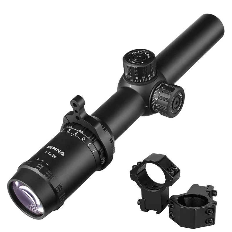 SPINA OPTICS Riflescopes 1-7x24 SFP Second Focal Plane 1/2 MOA Huning Scope with Integrated Magnification Throw Lever (with 11mm dovetail mounts)