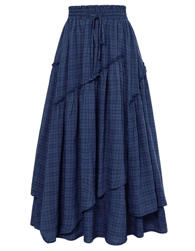 SCARLET DARKNESS Women Renaissance Layered Long Skirt Elastic High Waist Tiered Skirt with Pockets, Blue Plaid, XXL