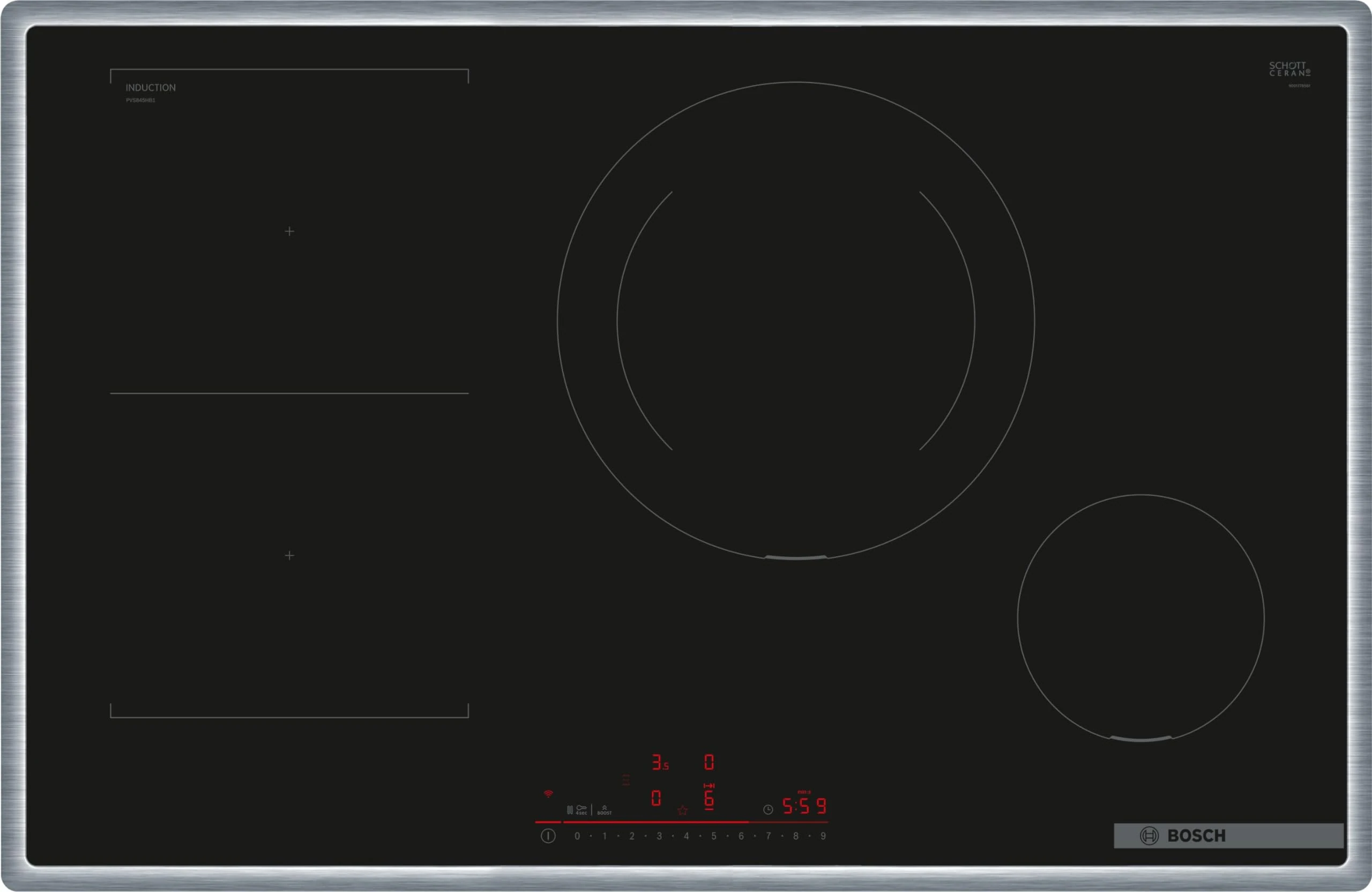 Bosch PVS845HB1E Series 6 Smart Induction Hob (Stand-Alone), 80 cm Wide, Combination of Two Cooking Zones, 28 cm Induction Cooking Zone, All-Round Frame, Hob-Based Hood Control