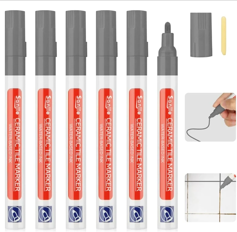 DONQL 6Pcs Tile Pen Grey Grout Pen for Tiles Bathroom with Replacement Nib Tips Anti-Grout White Tile Pen Marker for Restoring Tile Grout Wall Floor Bathroom Kitchen and Floor Tiles (Grey)