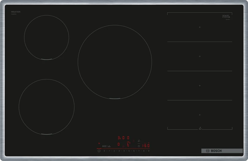 Bosch PXV845HC1E Series 6 Smart Induction Hob (Stand-Alone), 80 cm Wide, Free Choice of Space, 28 cm Induction Cooking Zone, All-Round Frame, Hob-Based Hood Control