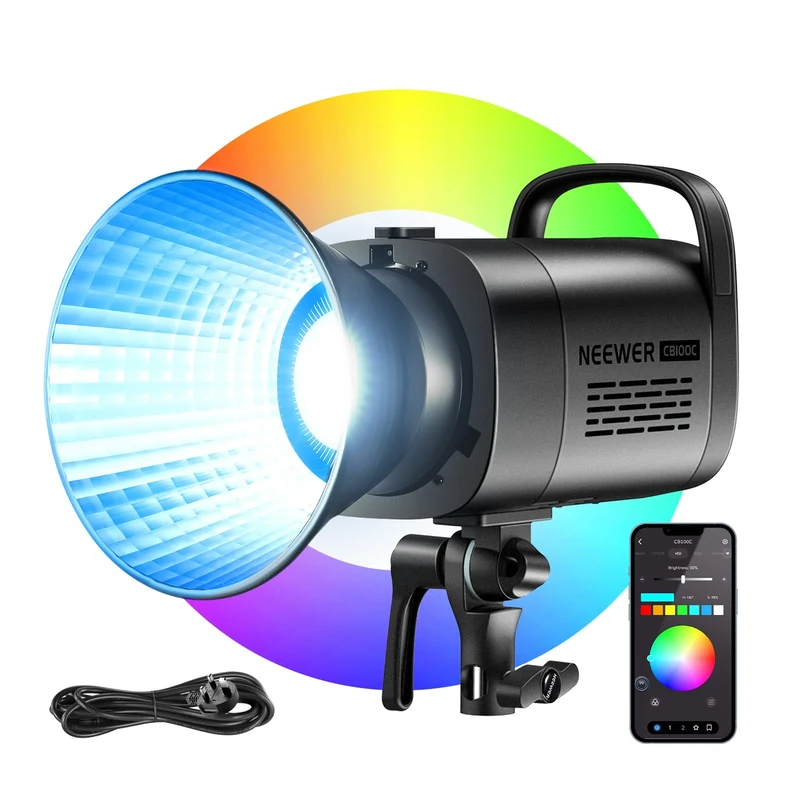 NEEWER CB100C 130w RGB LED Video Light, APP/2.4G Control 360° Full Color 2700K-6500K 27000lux/m COB Bowens Mount Silent Continuous Output Lighting TLCI/CRI97+ 17 Scenes for Video Recording Photography