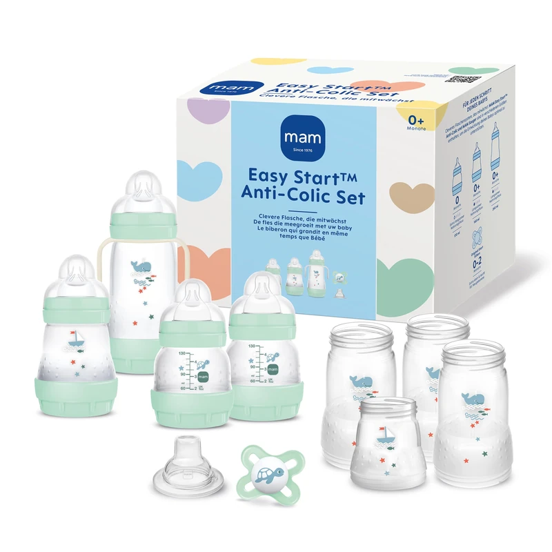 MAM Easy Start Self Sterilising Anti Colic Starter Set, Newborn Bottle Set and Soother, Newborn Essentials, Pastel Green, Sold in Foreign Language