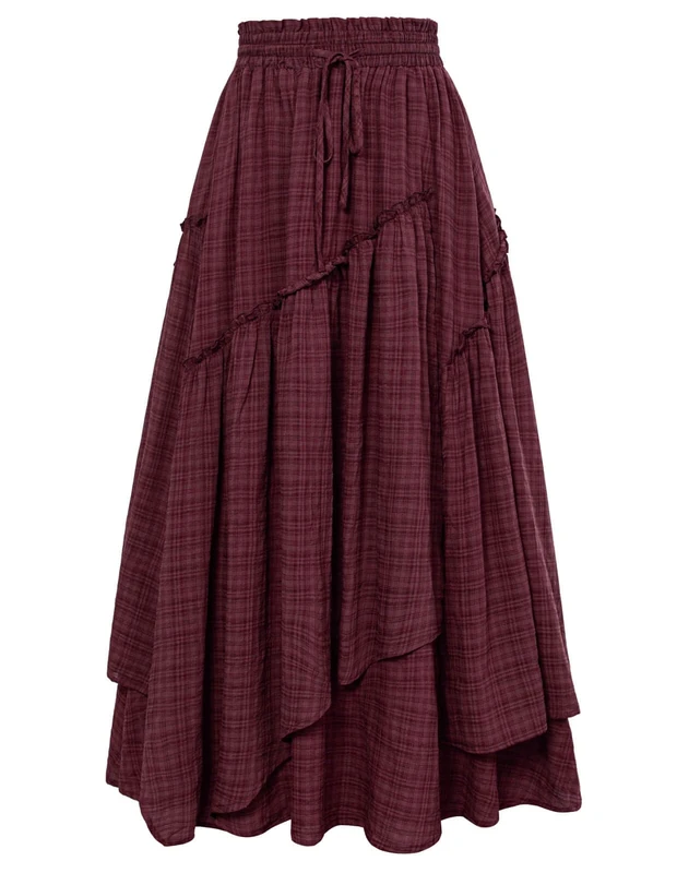 SCARLET DARKNESS Women Renaissance Layered Long Skirt Elastic High Waist Tiered Skirt with Pockets, Wine Plaid, L