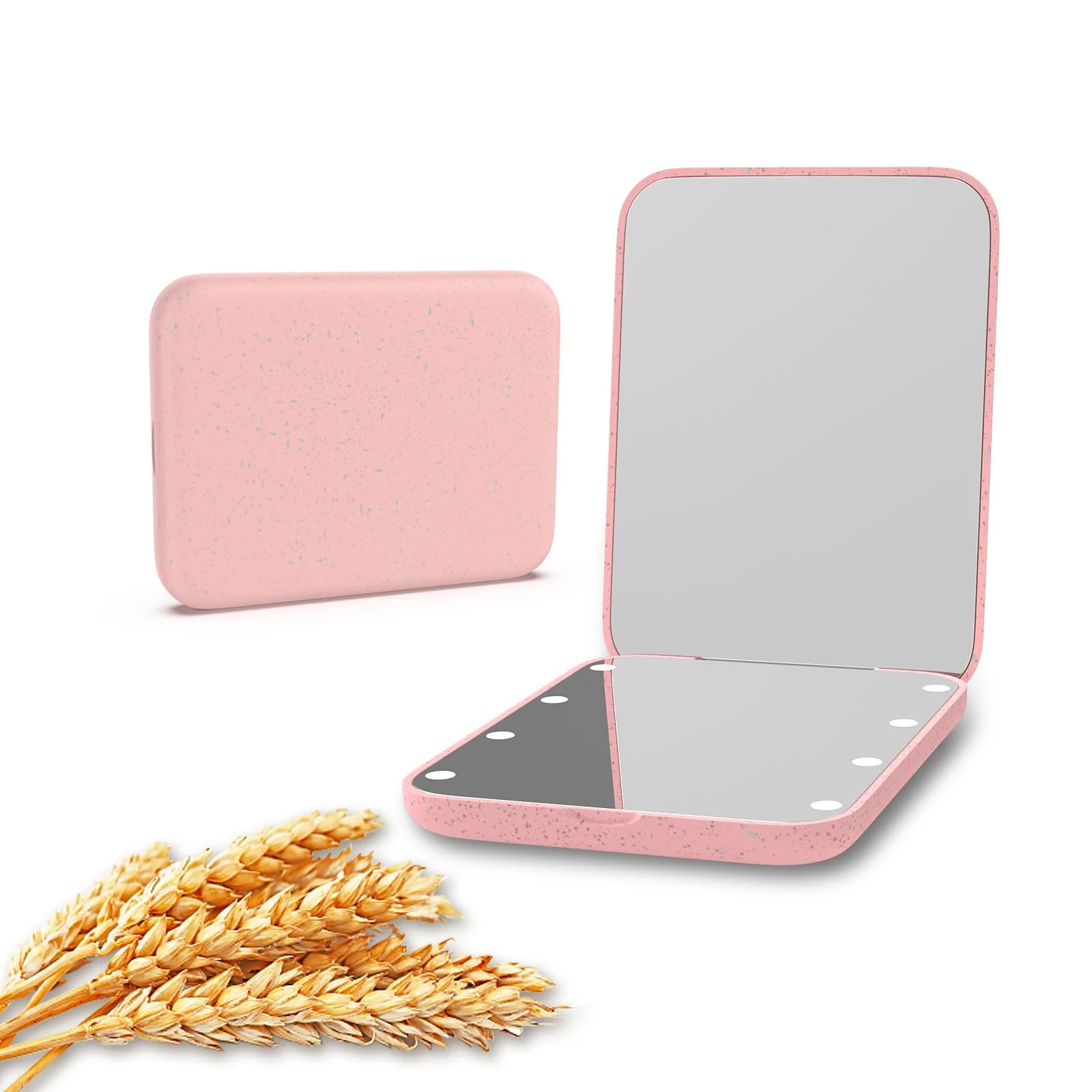 Kintion Wheat Straw Mirror, 1X/3X Magnification Pocket Mirror, Plastic Fiber, Handheld Folding Purse Mirrors, Small Lighted Compact Mirror for Gift, Pink