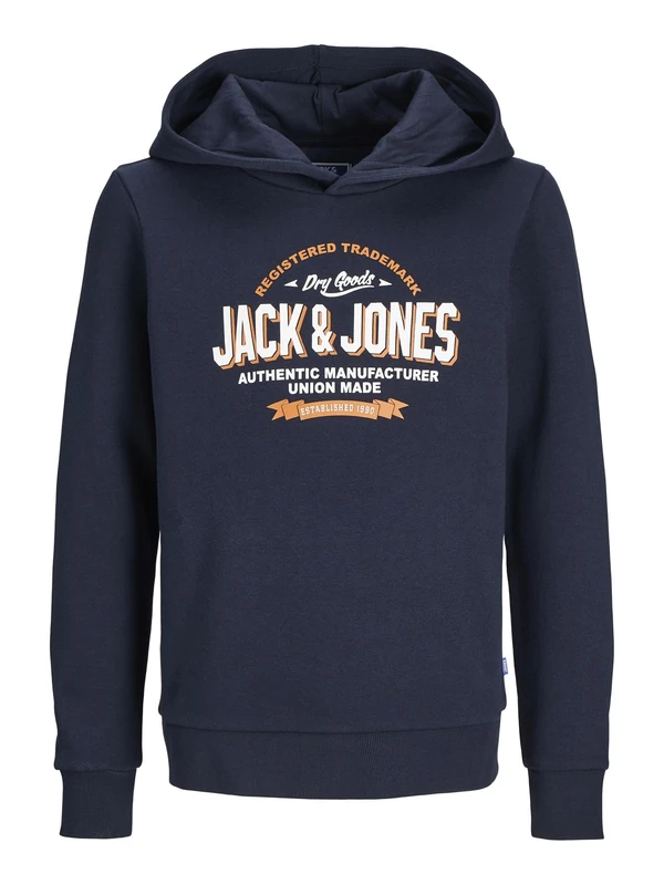 JACK&JONES JUNIOR Boy's JJELOGO SWEAT HOOD 2 COL 24/25 NOOS JNR Hooded Sweatshirt, Navy Blazer/Print:WHITE + MARMELADE, - Image 1