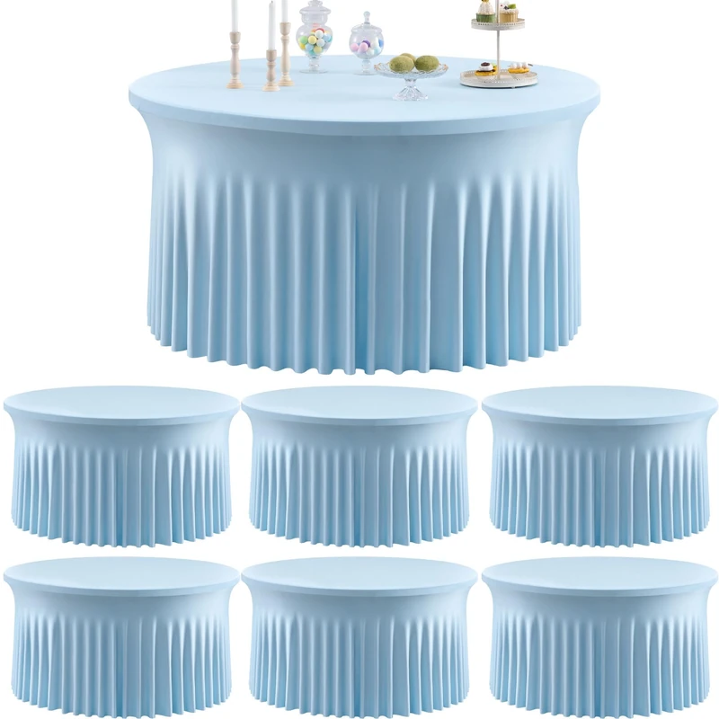 6 Pack Spandex Baby Blue Round Tablecloths for 60in Table, Stretchy 120inch Fitted 5ft Table Cloths, Wrinkle Free Round Tablecovers Skirt for Wedding Birthday Parties Baby Shower Banquet