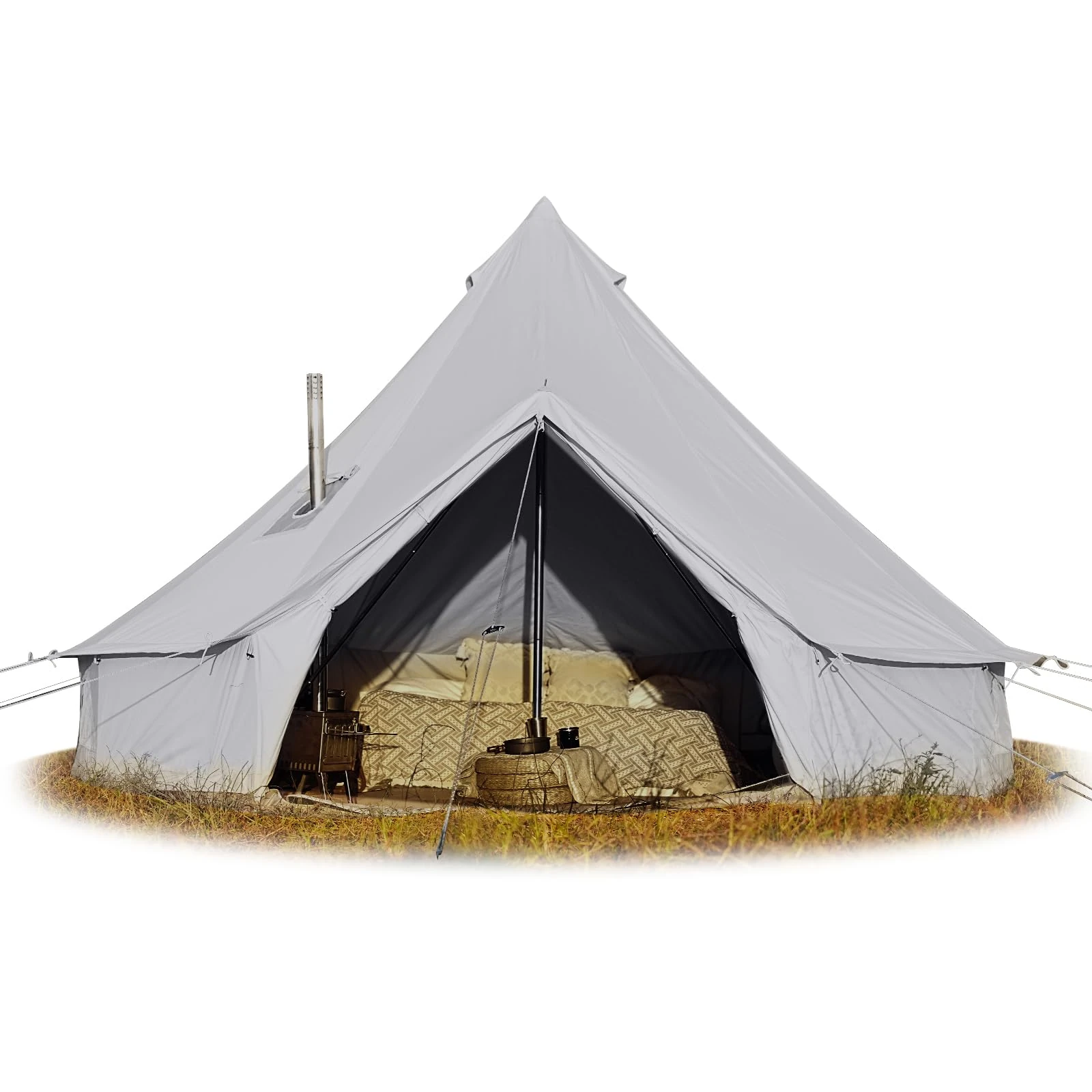 Cotton Canvas Bell Tent - Glamping Yurt with Stove Jack, Waterproof and Breathable Cotton, 4 Season Tent with Zipped Removable Floor (Grey, Diameter 4M)