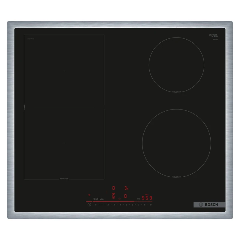 Bosch PVS64RHB1E Series 6 Smart Induction Hob (Stand-Alone), 60 cm Wide, Combination of Two Cooking Zones, All-Round Frame, Hob-Based Hood Control, Faster Cooking