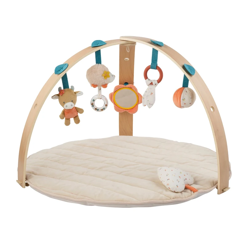 Nattou Baby Activity Gym with Wooden Arch – Zoe Hedgehog & Mila Cow, Soft Playmat with Hanging Toys, Cotton, Polyester and Wood, 80cm, Beige