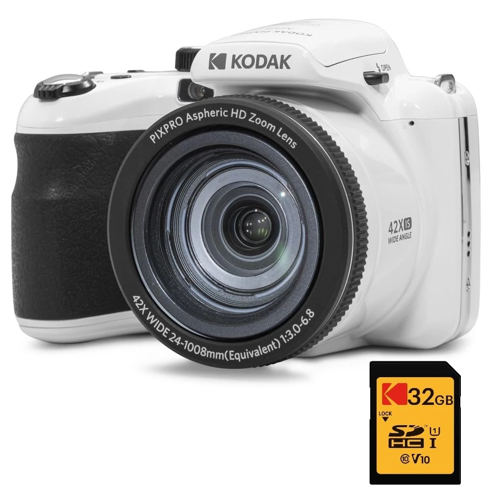KODAK Digital Bridge Pack Pixpro Astro Zoom AZ425 + 32GB SDHC Card – 20MP Camera, 42X Zoom, Wide Angle, 3" LCD Screen, Full HD 1080p Video, Li-ion Battery – White
