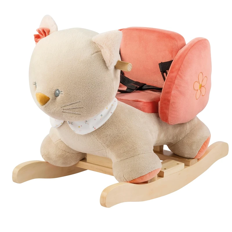 Nattou Rocking Animal, Cat Lana with Safety Belt, Happy Swinging Back and Forth, Approx. 60 x 30 x 45 cm, Mila, Zoë and Lana, Polyester/Wood, Beige