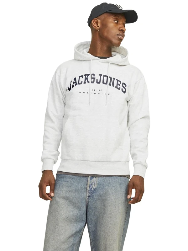 JACK&JONES Men's JJECALEB VARSITY SWEAT HOOD NOOS Hooded Sweatshirt, White Melange,