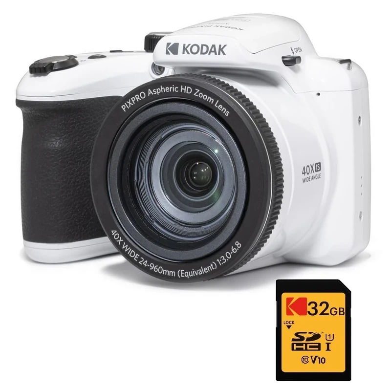 KODAK Bridge Digital Pack Pixpro Astro Zoom AZ405 + 32GB Kodak Ultra High Speed U1 SDHC Card – 20MP Camera, 40X Zoom, Wide Angle, 3" LCD Screen, Full HD 1080p Video, OIS, AA Battery – White
