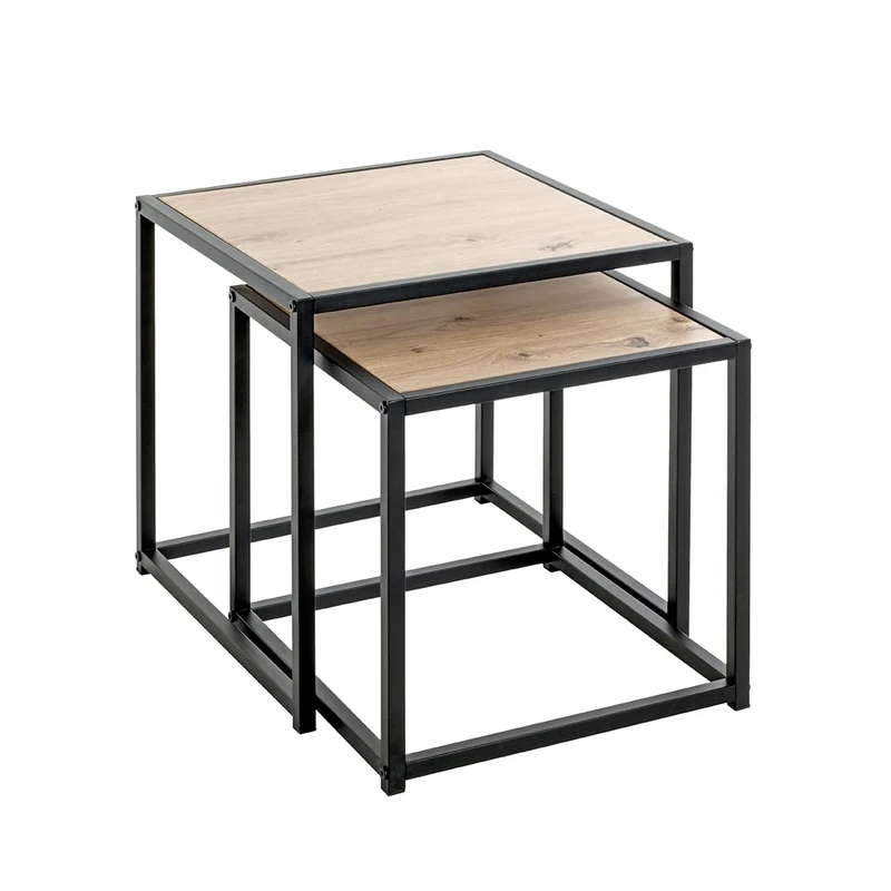 HAKU Mobel Set of 2 End Tables Oak, Black, Mdf, Metal - Size: W 35/40 cm X H 36/41 cm X D 35/40 cm, Style: Modern