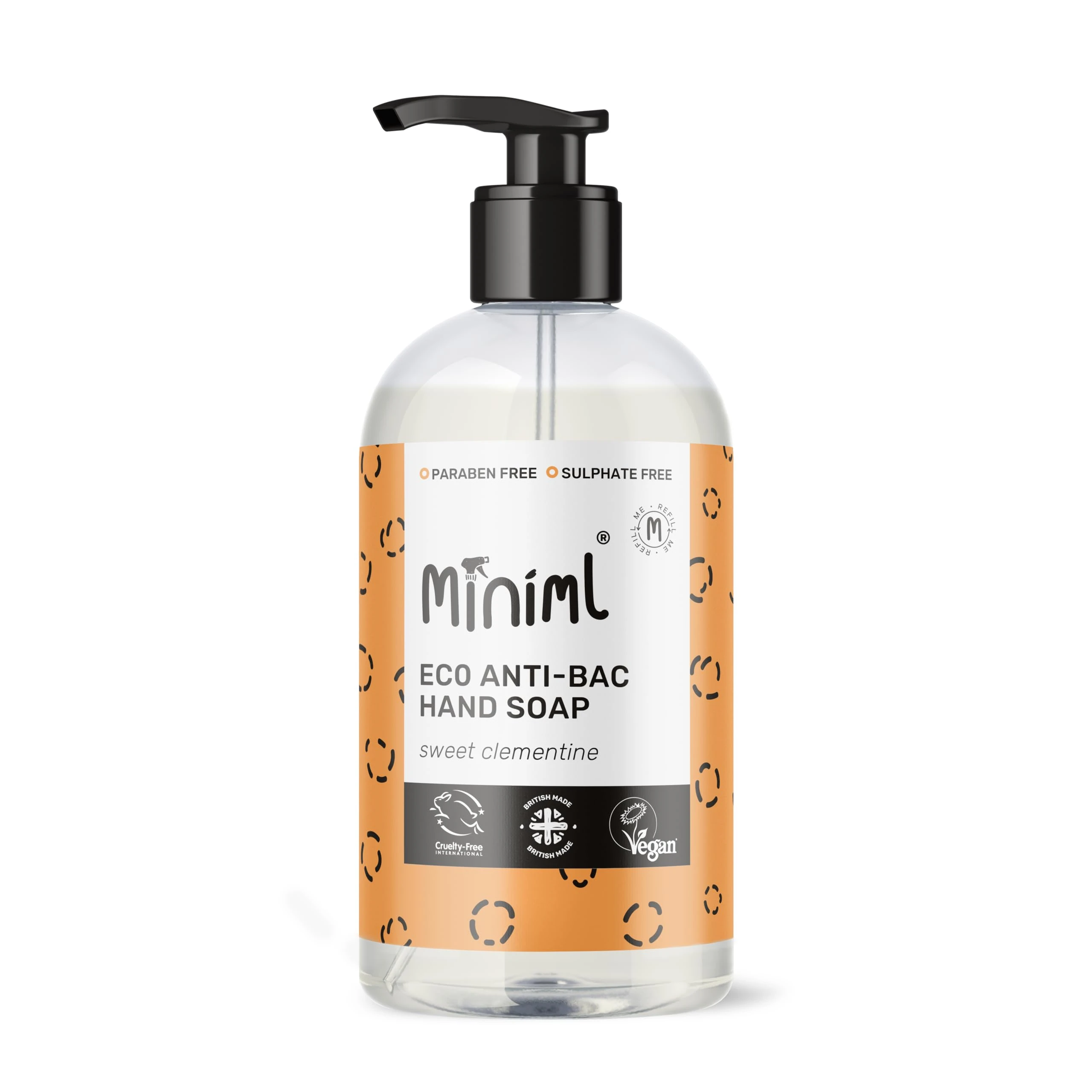 Miniml Antibacterial Hand Wash Soap 500ml - Natural Clementine Scented Eco Friendly Hand Washing Liquid Gel for Soft and Sensitive Skin Care - 100% Vegan & Cruelty Free