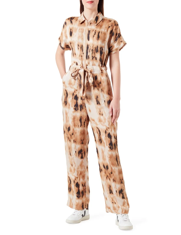 Cream Women's Jumpsuit Short Sleeves Zipper Belted Pockets Wide Legs Regular Fit, Tannin tie dye, UK 14