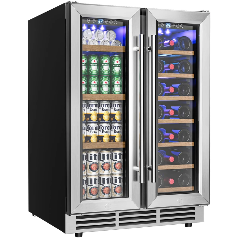 EUHOMY - Wine and Beverage Cooler, 24 Inch Wine Cooler with Glass Door, 21 Bottles and 88 Cans, Integrated or Non-Built-in Wine Cooler Under the