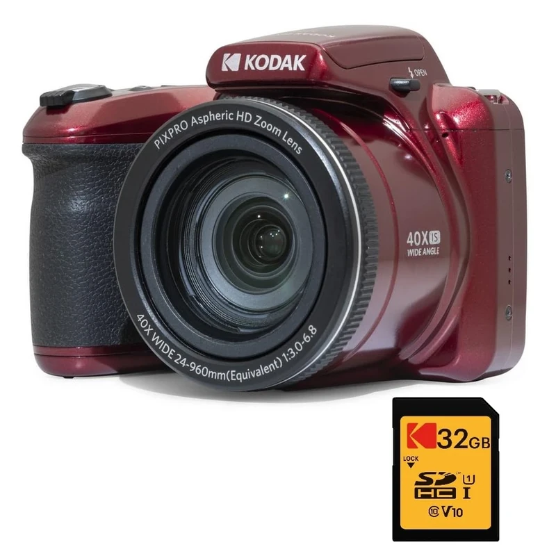 KODAK Bridge Digital Pack Pixpro Astro Zoom AZ405 + 32GB Kodak Ultra High Speed U1 SDHC Card – 20MP Camera, 40X Zoom, Wide Angle, 3" LCD Screen, Full HD 1080p Video, OIS, AA Battery – Red