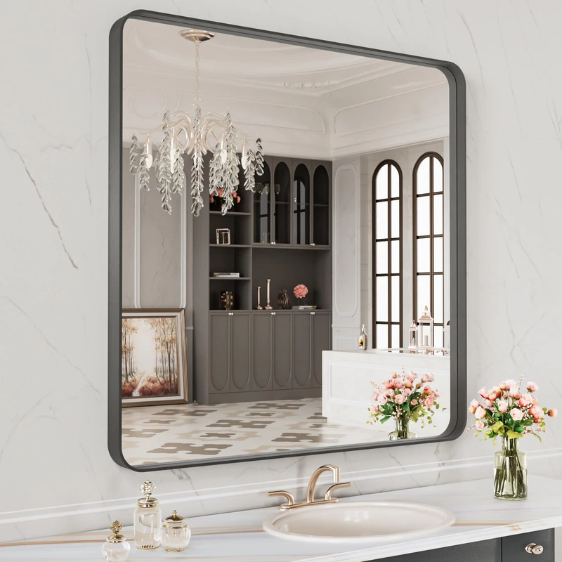 LOAAO 32X32 Inch Black Metal Framed Bathroom Mirror for Wall