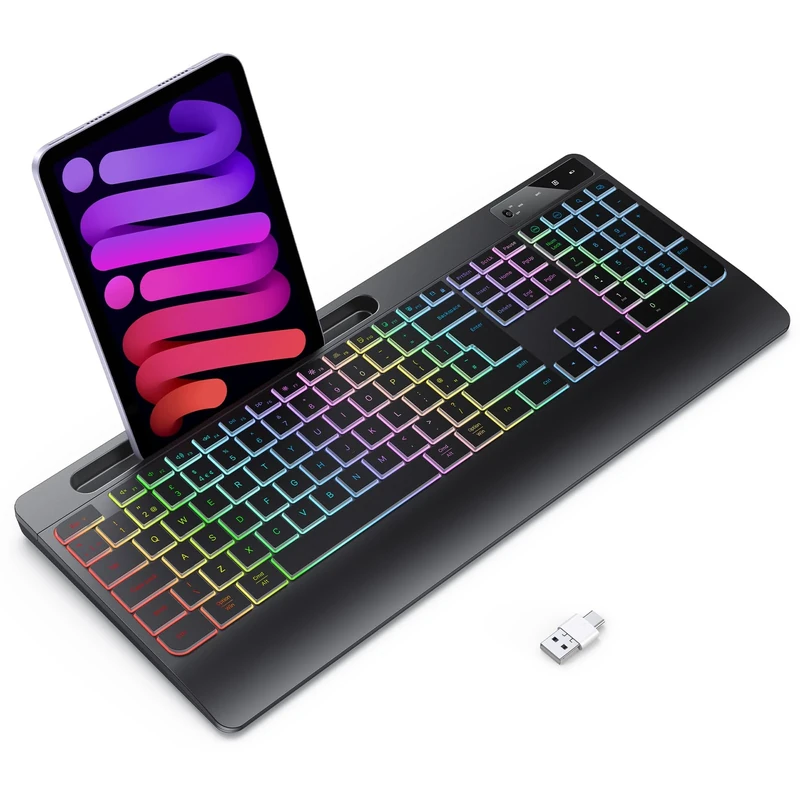 TECURS Wireless Keyboard - 2.4G Wireless Gaming Keyboard Wirst Rest with Phone Holder, QWERTY UK Layout, Multimedia, LED Backlit, Silent Keyboard for MAC/Windows